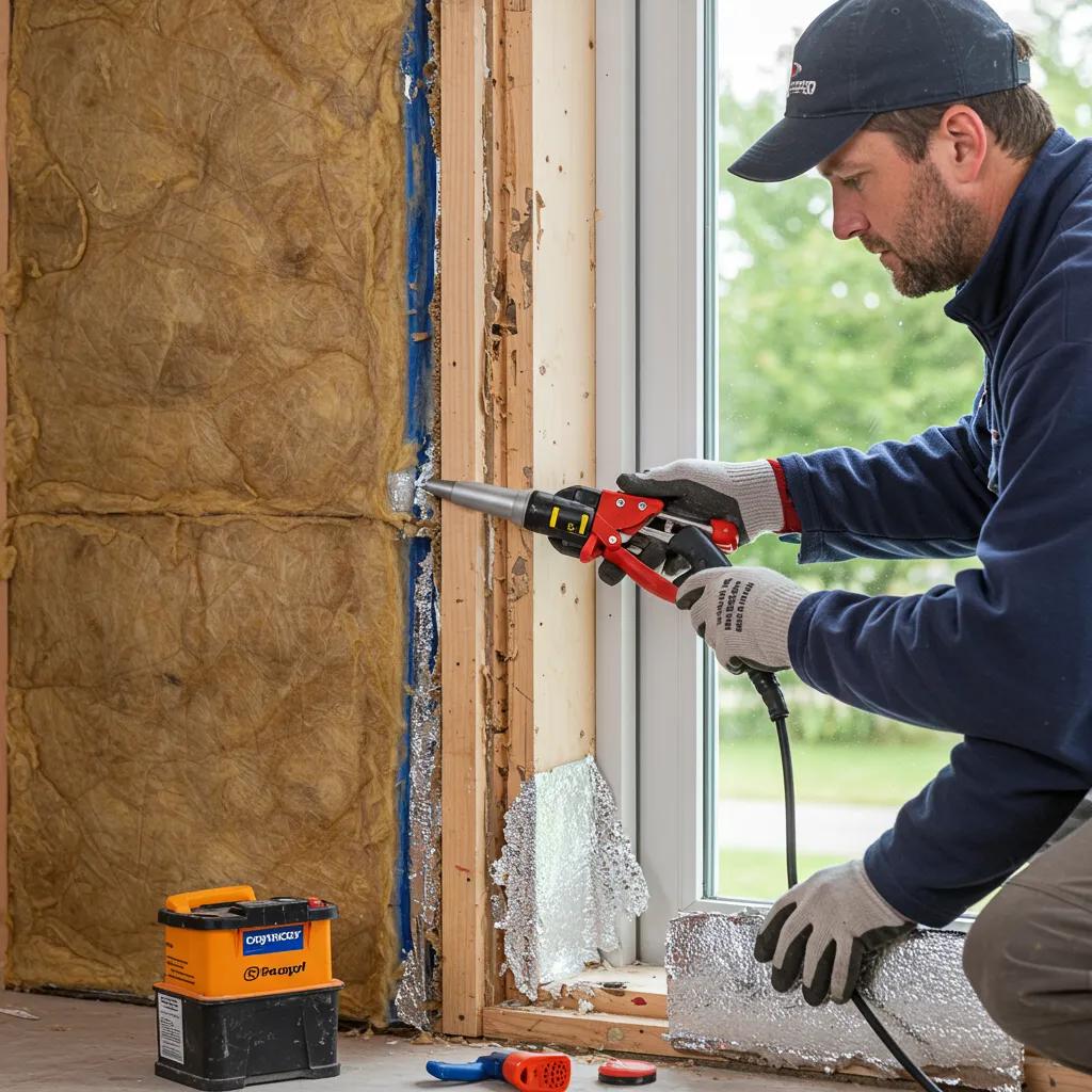 A professional meticulously sealing air leaks around windows and doors to enhance home insulation