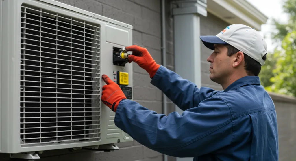 A technician in a blue uniform and a hat installs or repairs a wall-mounted outdoor AC unit.