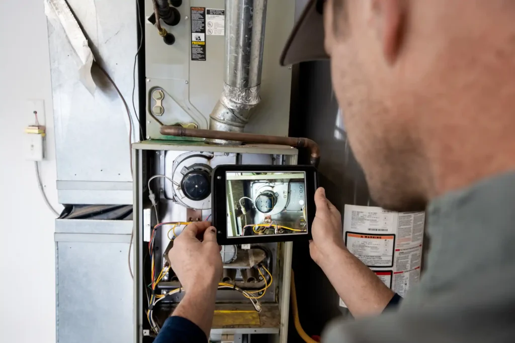 A technician is holding a black tablet to take a picture or video of the internal components of a metal furnace or HVAC unit. The tablet screen shows a close-up of the blower fan. The technician is wearing a cap, and the background shows the furnace ductwork and wiring.