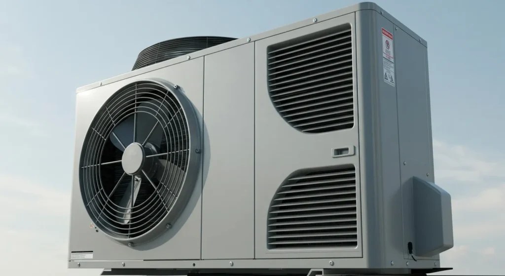 Rooftop commercial HVAC unit under sky.