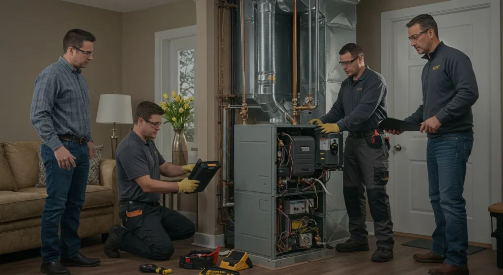 Team of technicians installing new furnace indoors.
