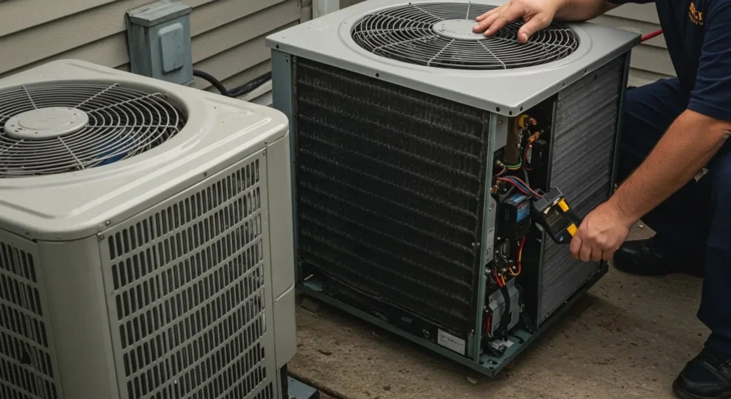 Technician checking AC unit condenser coils.