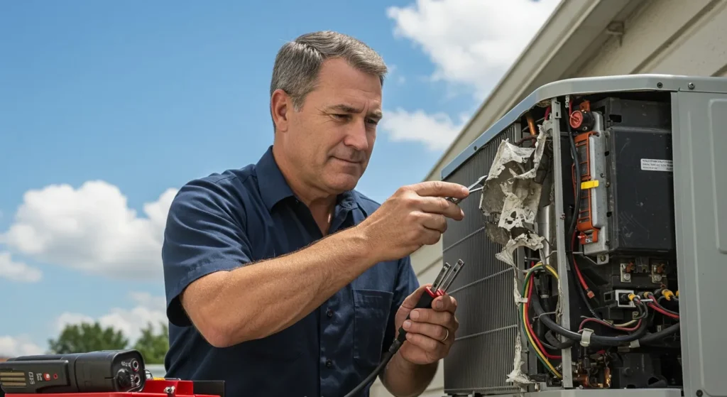 Technician repairing damaged outdoor AC unit.